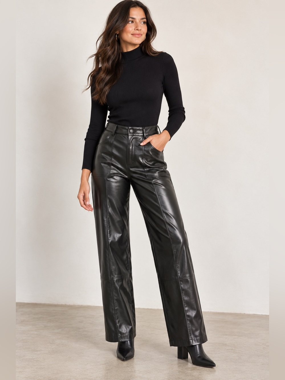 Halston Heritage Vegan Leather High Rise Straight Leg Pants Black Medium